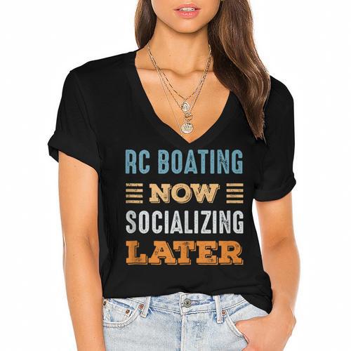 RC Boating Now Minimal Socializing Introvert Vintage Women's Jersey Short Sleeve Deep V-Neck Tshirt - Raresse