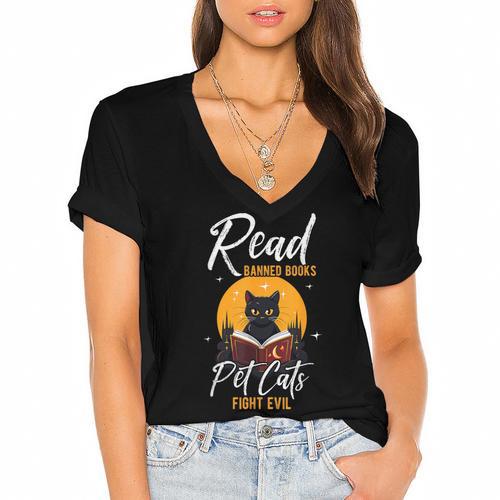 Read Banned Books Pet Cats Fight Evil Read Banned Reader Women's Jersey Short Sleeve Deep V-Neck Tshirt				 - Bookorys