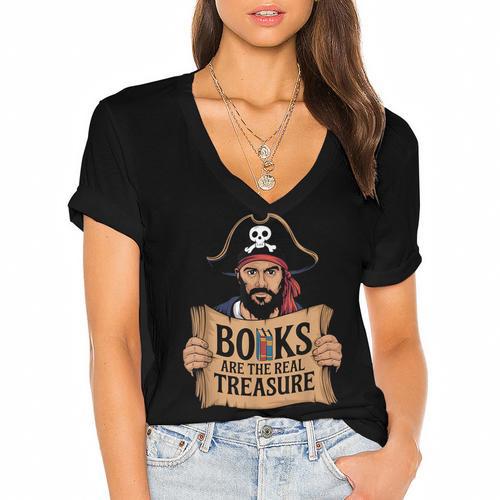 Read Book Reader Library Reading Librarian Pirate Bookworm Women's Jersey Short Sleeve Deep V-Neck Tshirt - Bookorys CA