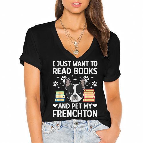 Read Books & Pet My Frenchton Owner Frenchton Lover Women's Jersey Short Sleeve Deep V-Neck Tshirt				 - Bookorys AU