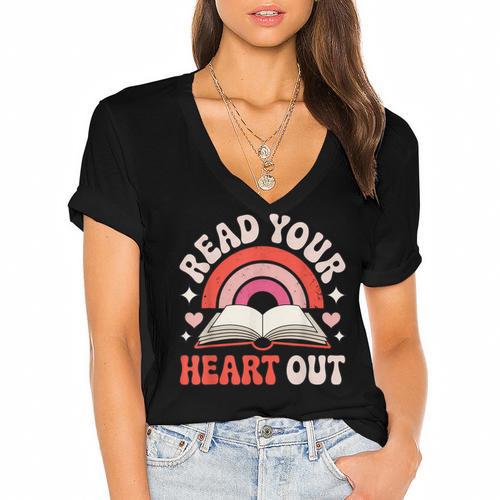 Read Your Heart Out Book Lovers Emotional Fall Vibes Women's Jersey Short Sleeve Deep V-Neck Tshirt				 - Bookorys UK