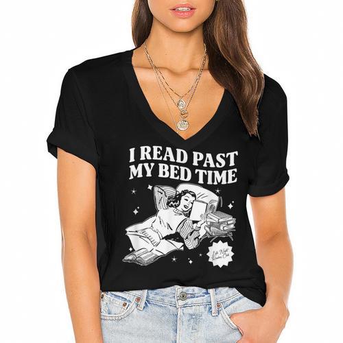 I Read Past My Bedtime Late Night Readers Book Club Women's Jersey Short Sleeve Deep V-Neck Tshirt				 - Bookorys