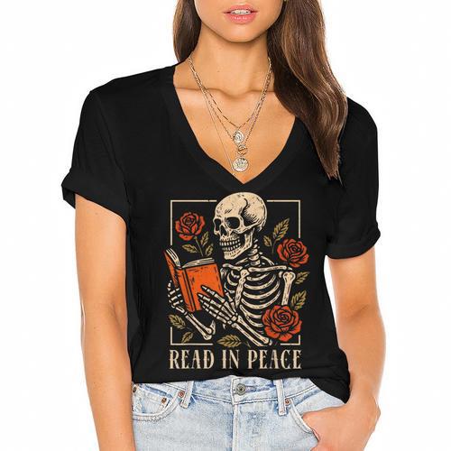 Read In Peace Skeleton Reading Book Halloween Teacher Women's Jersey Short Sleeve Deep V-Neck Tshirt				 - Bookorys DE