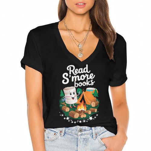 Read S'More Books Around Campfire National Book Week Women's Jersey Short Sleeve Deep V-Neck Tshirt - Bookorys DE