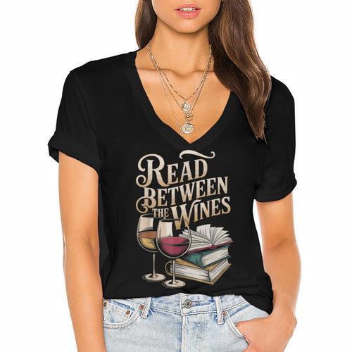 Read Between The Wines Vintage Book Lovers Wine Reading Women's Jersey Short Sleeve Deep V-Neck Tshirt				 - Bookorys CA