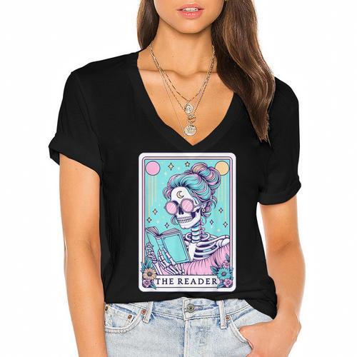 The Reader Retro Reading Skeleton Books Flowers Tarot Card Women's Jersey Short Sleeve Deep V-Neck Tshirt				 - Bookorys