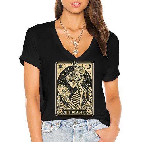 The Reader Tarot Card Book Lover Skeleton Reading Book Women's Jersey Short Sleeve Deep V-Neck Tshirt - Bookorys
