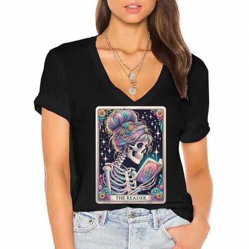 The Reader Tarot Card Women Book Lover Librarian Read Women's Jersey Short Sleeve Deep V-Neck Tshirt				 - Bookorys AU