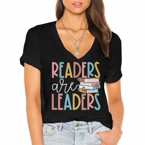 Readers Are Leaders Reading Book Lovers Teacher Women Kids Women's Jersey Short Sleeve Deep V-Neck Tshirt				 - Bookorys