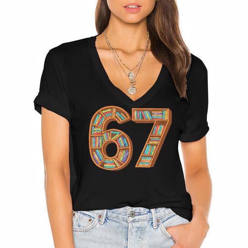 Reading 67 Six Seven Meme Teacher Book Lover Bookshelf Women's Jersey Short Sleeve Deep V-Neck Tshirt - Bookorys