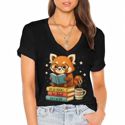 Reading Book Lover Red Panda Read Books Be Kind Stays Weird Women's Jersey Short Sleeve Deep V-Neck Tshirt				 - Bookorys