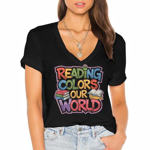 Reading Colors Our World Books Lover Women's Jersey Short Sleeve Deep V-Neck Tshirt				 - Bookorys DE