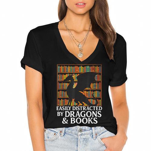 Reading Dragon Easily Distracted By Dragons And Books Women's Jersey Short Sleeve Deep V-Neck Tshirt				 - Bookorys