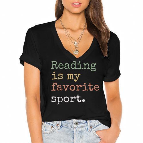Reading Is My Favorite Sport Book Lovers Man Woman Women's Jersey Short Sleeve Deep V-Neck Tshirt				 - Bookorys CA