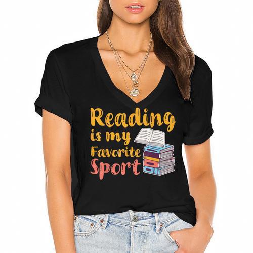 Reading Is My Favorite Sport Book Lovers Women's Jersey Short Sleeve Deep V-Neck Tshirt				 - Bookorys CA