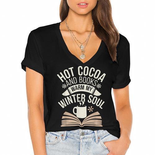 Reading All Winter Cozy Book Lover And Literary Escape Women's Jersey Short Sleeve Deep V-Neck Tshirt				 - Bookorys
