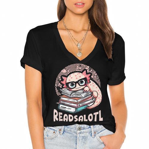 Readsalotl Axolotl Reading Books Glasses Bookworm Pun Fun Women's Jersey Short Sleeve Deep V-Neck Tshirt				 - Bookorys DE