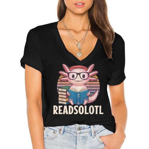 Readsolotl Axolotl Reading Book Lover Kawaii Bookworms Women's Jersey Short Sleeve Deep V-Neck Tshirt				 - Bookorys