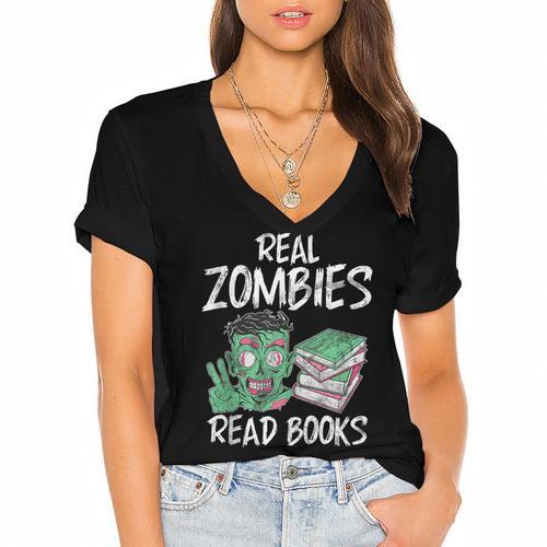 Real Zombies Read Books Zombie Women's Jersey Short Sleeve Deep V-Neck Tshirt				 - Bookorys AU