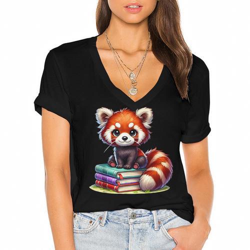 Red Panda Books Lover Reading Bookworm Women's Jersey Short Sleeve Deep V-Neck Tshirt				 - Bookorys DE