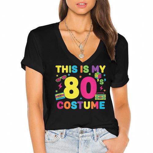 Retro 80's Costume 80s Nostalgia Party Women's Jersey Short Sleeve Deep V-Neck Tshirt - Figerry