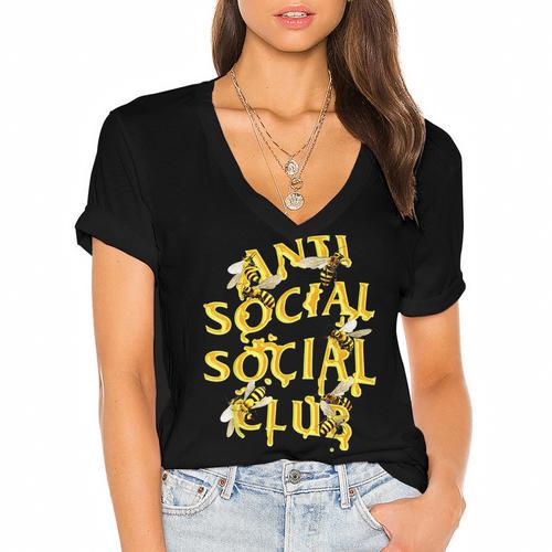 Retro Anti Social Club Bees Introvert Women Men Women's Jersey Short Sleeve Deep V-Neck Tshirt				 - Raresse