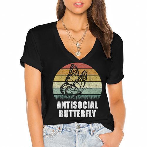 Retro Antisocial Butterfly Shirt For Introverts Women's Jersey Short Sleeve Deep V-Neck Tshirt - Raresse