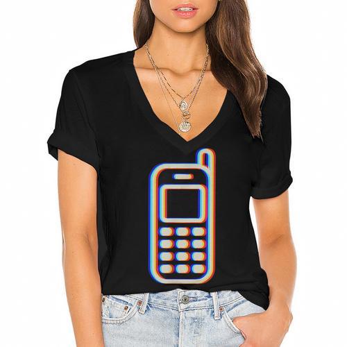 Retro Cell Vintage Mobile Phone 90s Nostalgia Vaporwave Fun Women's Jersey Short Sleeve Deep V-Neck Tshirt				 - Figerry