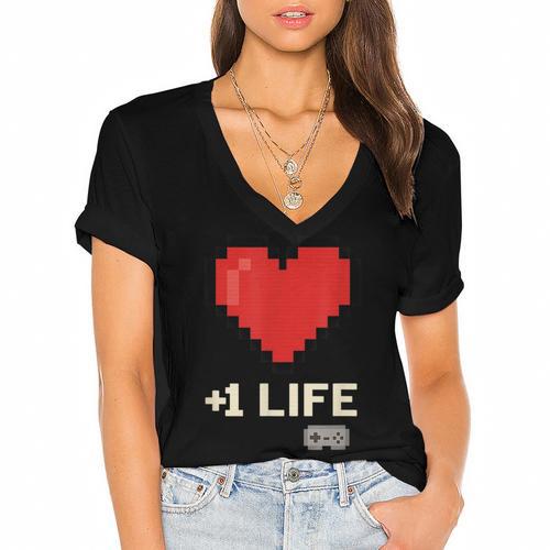 Retro Gamer 1 Life Pixel Heart – 8-Bit Gaming Nostalgia Women's Jersey Short Sleeve Deep V-Neck Tshirt - Figerry
