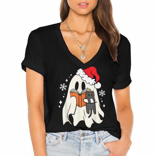 Retro Ghost Reading Book With Cat Bookish Club Christmas Men Women Kids Women's Jersey Short Sleeve Deep V-Neck Tshirt - Bookorys DE