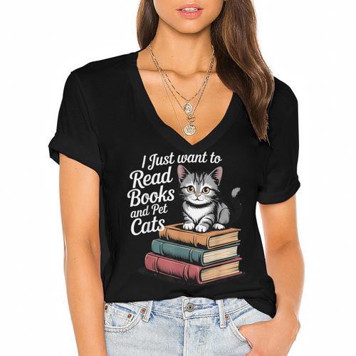 Retro I Just Want To Read Books And Pet Cats Cat For Men Women Kids Women's Jersey Short Sleeve Deep V-Neck Tshirt				 - Bookorys AU