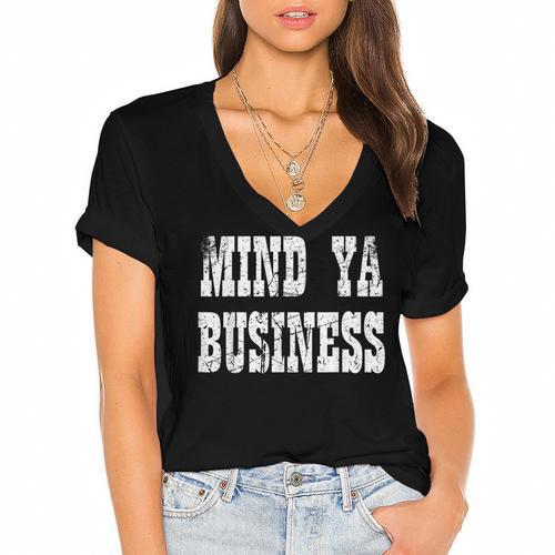 Retro Mind Ya Business Vintage Love Privacy Introvert Women's Jersey Short Sleeve Deep V-Neck Tshirt - Raresse