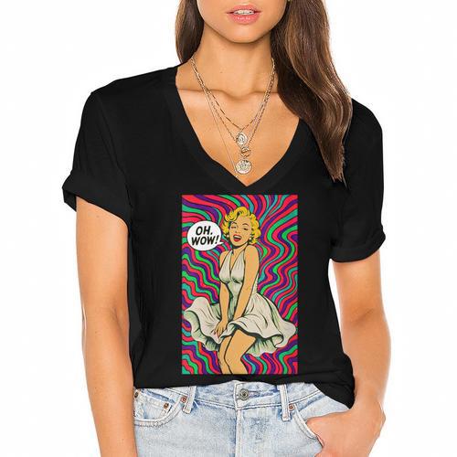 Retro Pop Art Vintage Style Blonde Psychedelic 50s Nostalgia Women's Jersey Short Sleeve Deep V-Neck Tshirt				 - Figerry