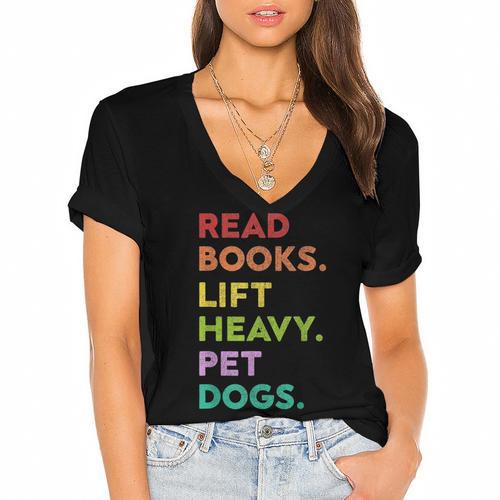 Retro Read Books Lift Heavy Pet Dogs Gym Book Lover Women's Jersey Short Sleeve Deep V-Neck Tshirt				 - Bookorys