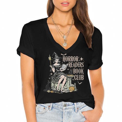 Retro Scary Horror Readers Book Club Spooky Halloween Women's Jersey Short Sleeve Deep V-Neck Tshirt				 - Bookorys