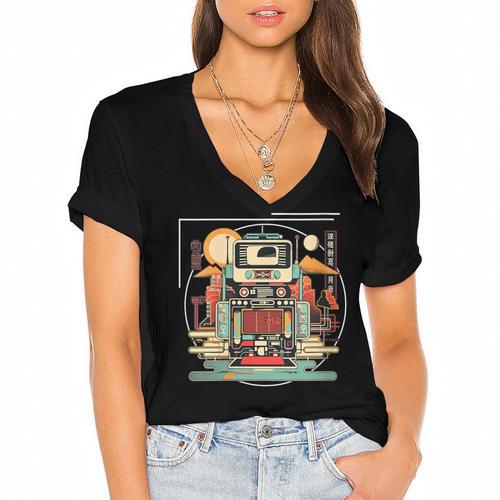 Retro Tech Stack 80s 90s Nostalgia Analog Devices Women's Jersey Short Sleeve Deep V-Neck Tshirt - Figerry