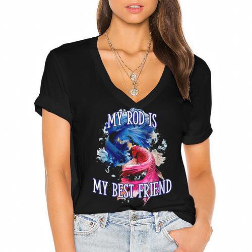 My Rod Is My Best Friend Introvert Fishing Antisocial Women's Jersey Short Sleeve Deep V-Neck Tshirt - Raresse