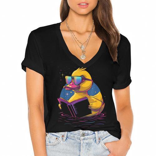 Rubber Duck Rubber Duckie Reading Book Rubber Duckling Women's Jersey Short Sleeve Deep V-Neck Tshirt - Bookorys
