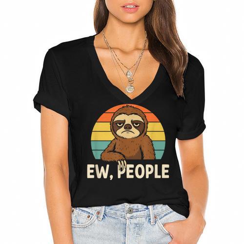 Sarcastic Sloth Introvert Anti Social Women's Jersey Short Sleeve Deep V-Neck Tshirt - Raresse