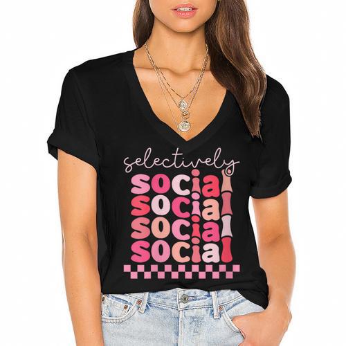 Selectively Social Sarcastic Introvert Humor Women's Jersey Short Sleeve Deep V-Neck Tshirt - Raresse