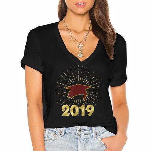Senior 2019 Graduation Shirt Burgundy Gold Class Colors G23 Women's Jersey Short Sleeve Deep V-Neck Tshirt				 - Best Gift Smart