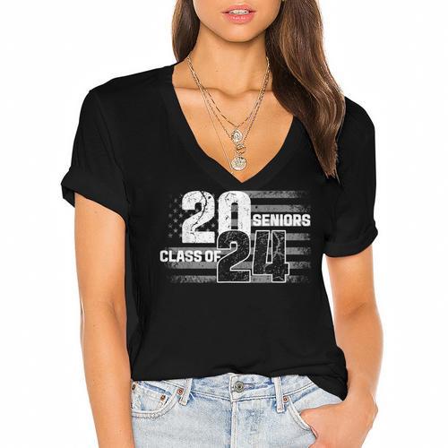 Senior 2024 Graduation Class Of 2024 Senior Women Boy Girl Women's Jersey Short Sleeve Deep V-Neck Tshirt - Best Gift Smart