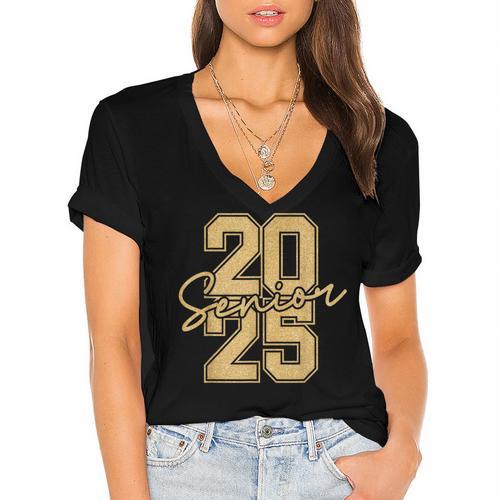 Senior 2025 Class Of 2025 Gold Senior Graduation Women's Jersey Short Sleeve Deep V-Neck Tshirt				 - Best Gift Smart
