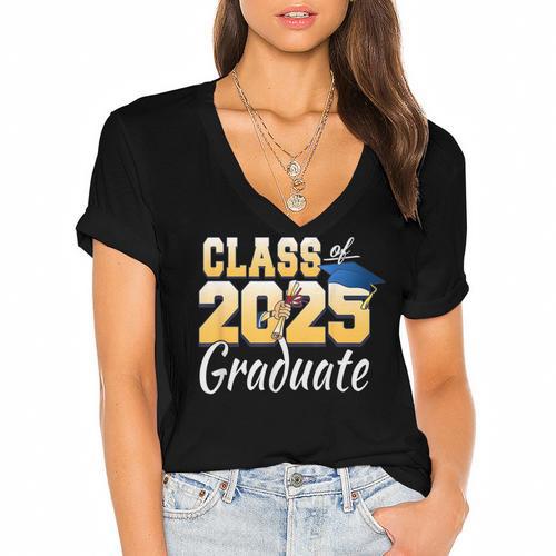 Senior 2025 Class Of 2025 Senior Graduate 2025 Graduation Women's Jersey Short Sleeve Deep V-Neck Tshirt - Best Gift Smart