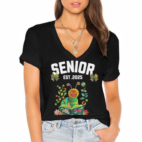 Senior 2025 Graduation Caterpillar For Kids Cute Coquette Women's Jersey Short Sleeve Deep V-Neck Tshirt				 - Best Gift Smart