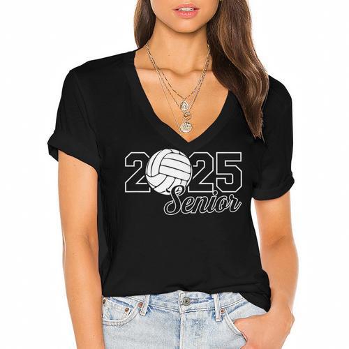 Senior 2025 Volleyball Mom High School Graduation Outfit Pro Women's Jersey Short Sleeve Deep V-Neck Tshirt				 - Best Gift Smart