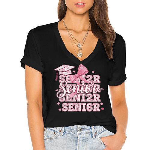 Senior 2026 Class Of 2026 Cute Coquette Pink Bow Graduation Women's Jersey Short Sleeve Deep V-Neck Tshirt				 - Best Gift Smart