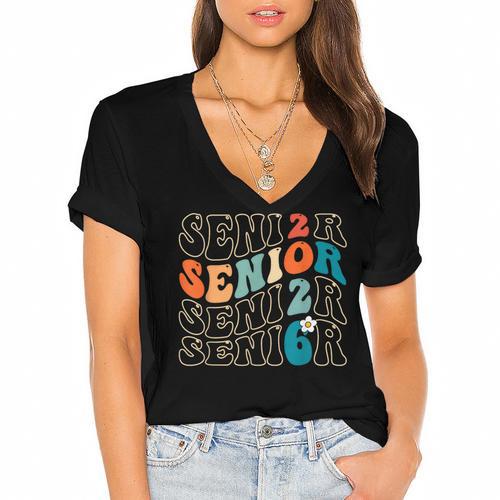 Senior 2026 Class Of 2026 Retro Groovy Graduation Grad Women Women's Jersey Short Sleeve Deep V-Neck Tshirt				 - Best Gift Smart