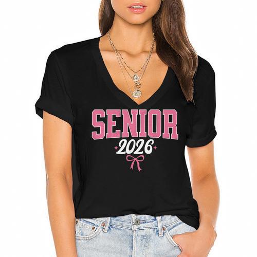 Senior 2026 Pink Coquette Bow Class Of 2026 Graduation Women Women's Jersey Short Sleeve Deep V-Neck Tshirt				 - Best Gift Smart