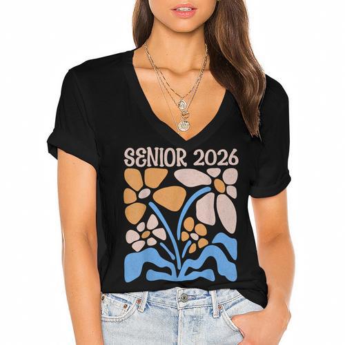 Senior 2026 Retro Groovy Flowers Graduation Women's Jersey Short Sleeve Deep V-Neck Tshirt - Best Gift Smart
